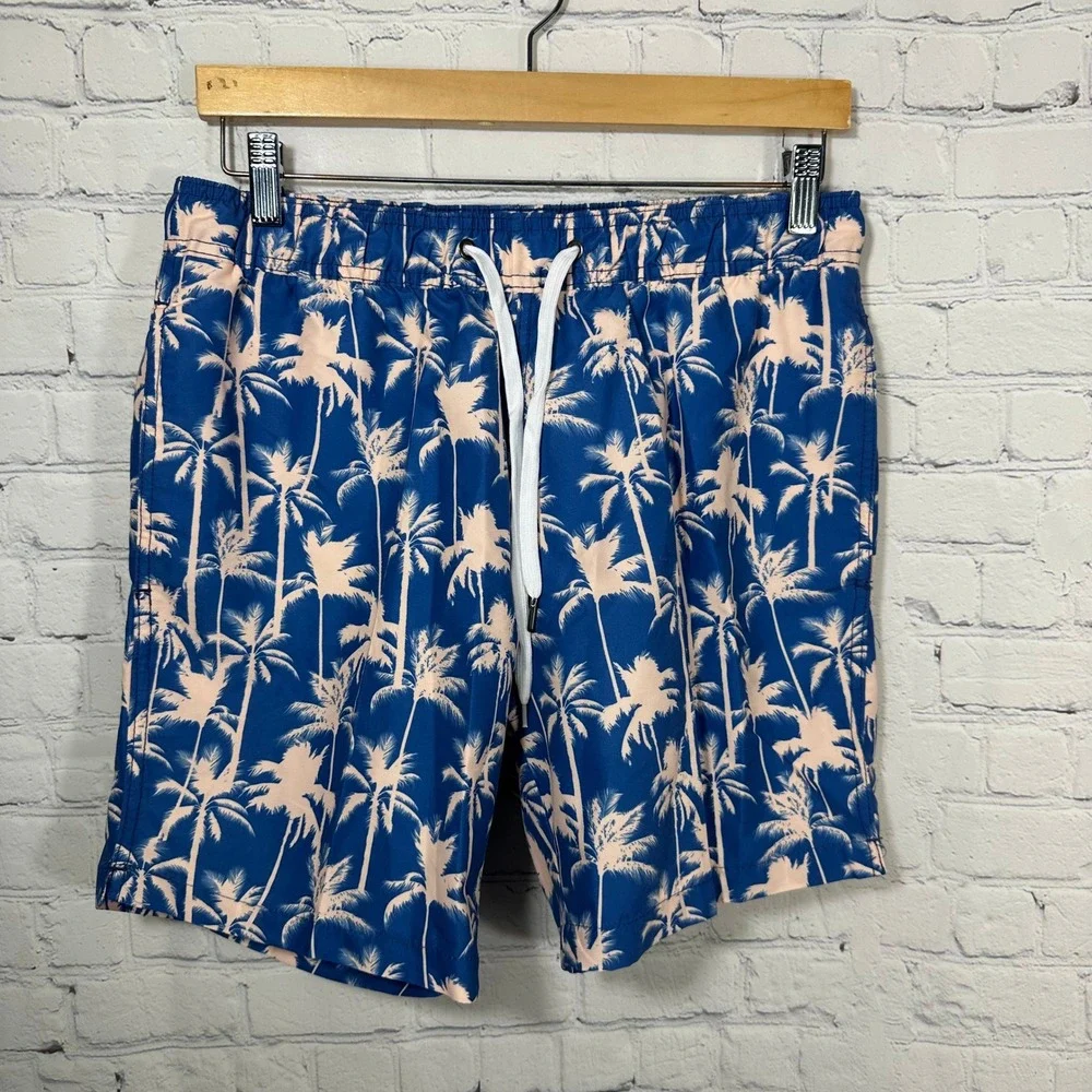Saks Fifth Avenue Mens Palm Tree Print Swim Trunks Blue Pink Medium Board Shorts